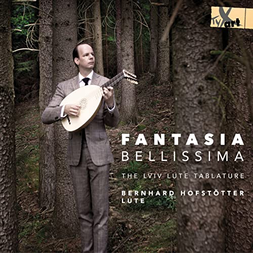 Man playing a lute in a forest, album cover for Bernhard Hofstötter.