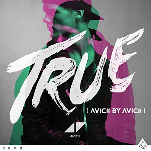 Avicii album cover, "TRUE," featuring a blurred portrait and bold white text.