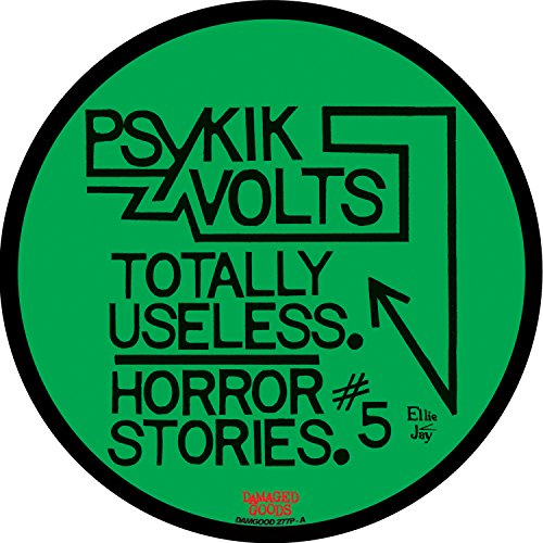 Green vinyl record label with white and black text: "Psykik Volts" and "Horror Stories".