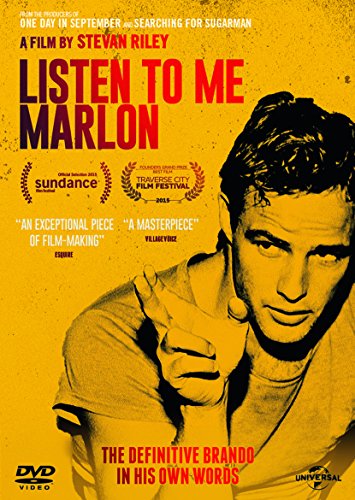 DVD cover for Listen to Me Marlon featuring a yellow background and Marlon Brando.