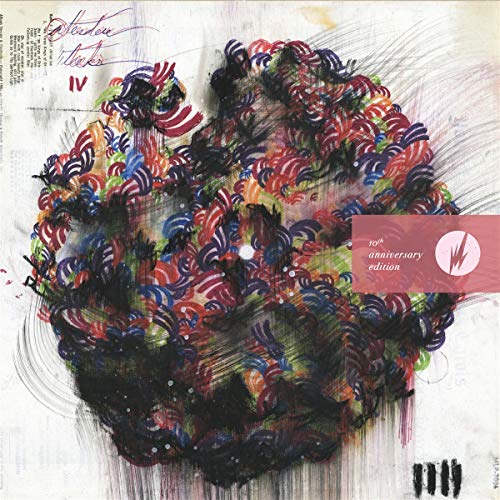 Vinyl record cover with abstract colorful paint strokes and text.
