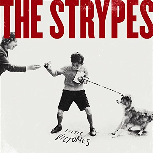 Black and white album cover featuring a boy, dog, and adult with text.