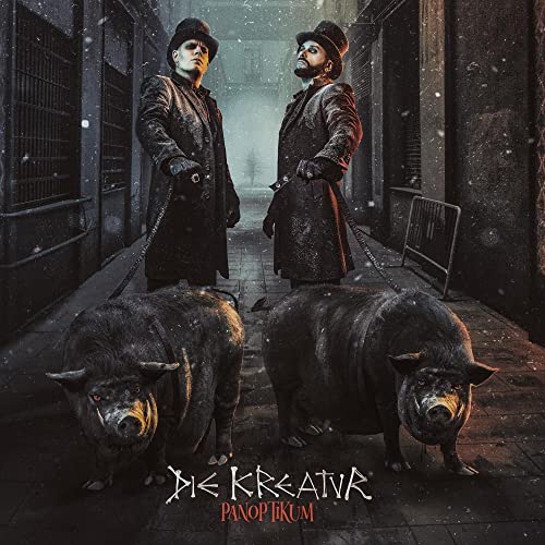 Two men in hats with pigs on leashes in a dark alley.
