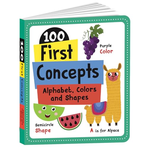 Board book cover with colorful illustrations of fruits, animals, and shapes.