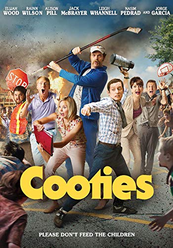Cooties" DVD cover: chaotic scene with adults fleeing children, holding odd weapons.