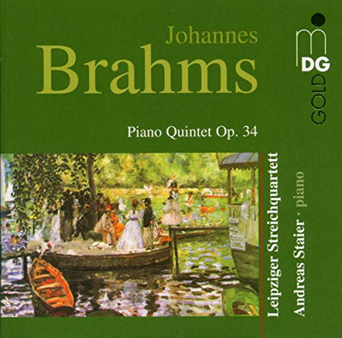 CD cover for Brahms' Piano Quintet Op. 34 with a painting of people boating.