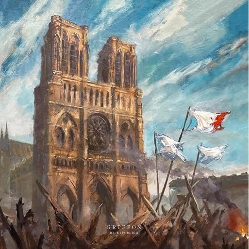 Painting of a cathedral with flags, smoke, and a battlefield below.