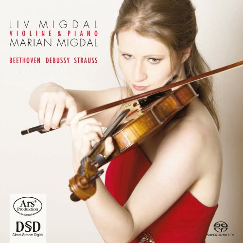 Woman playing violin, album cover for classical music composers.