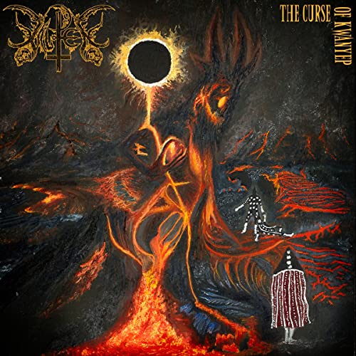 Dark, fiery landscape with a distorted tree and two figures.