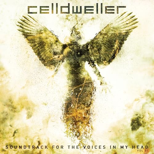 Celldweller album cover featuring a winged, shadowy figure with textured background.