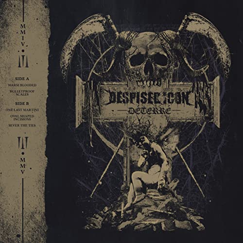 Skull with large horns above a distressed figure, album cover art.