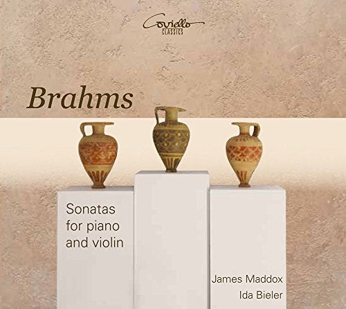 CD cover for Brahms sonatas with three antique vases displayed.