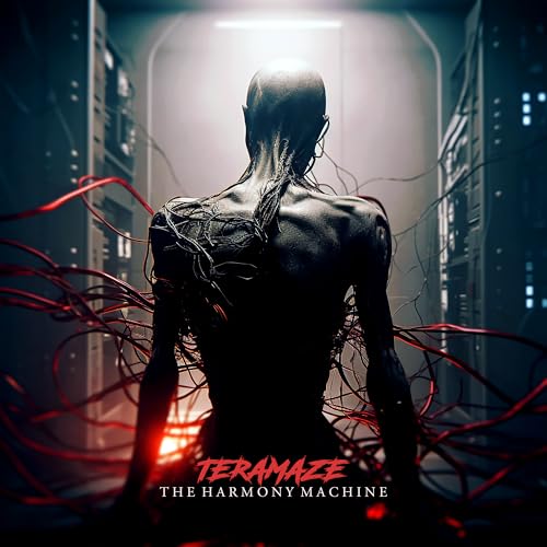 CD cover: back view of a figure entwined with red cables in a dark room.
