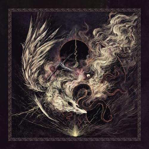 Dark fantasy album cover with swirling smoke, a face, and a dragon.