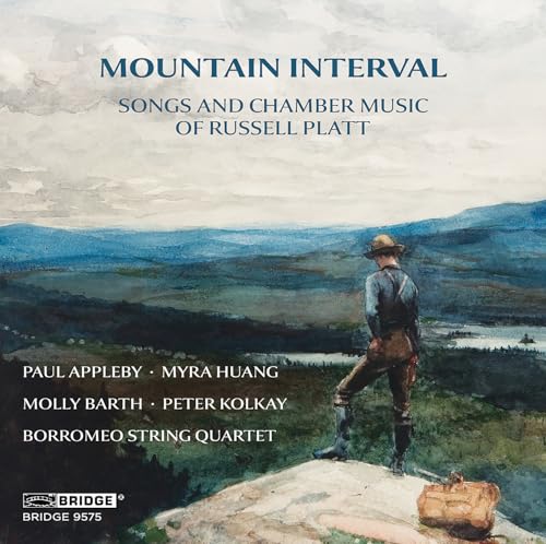 CD cover: Man with luggage overlooking a painted mountain landscape.