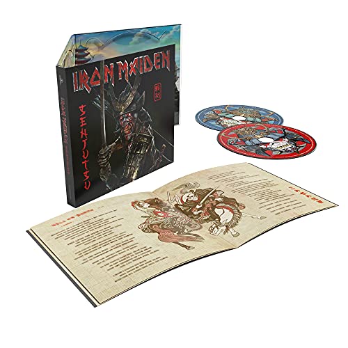 Iron Maiden “Senjutsu” CD package with booklet and two discs displayed.