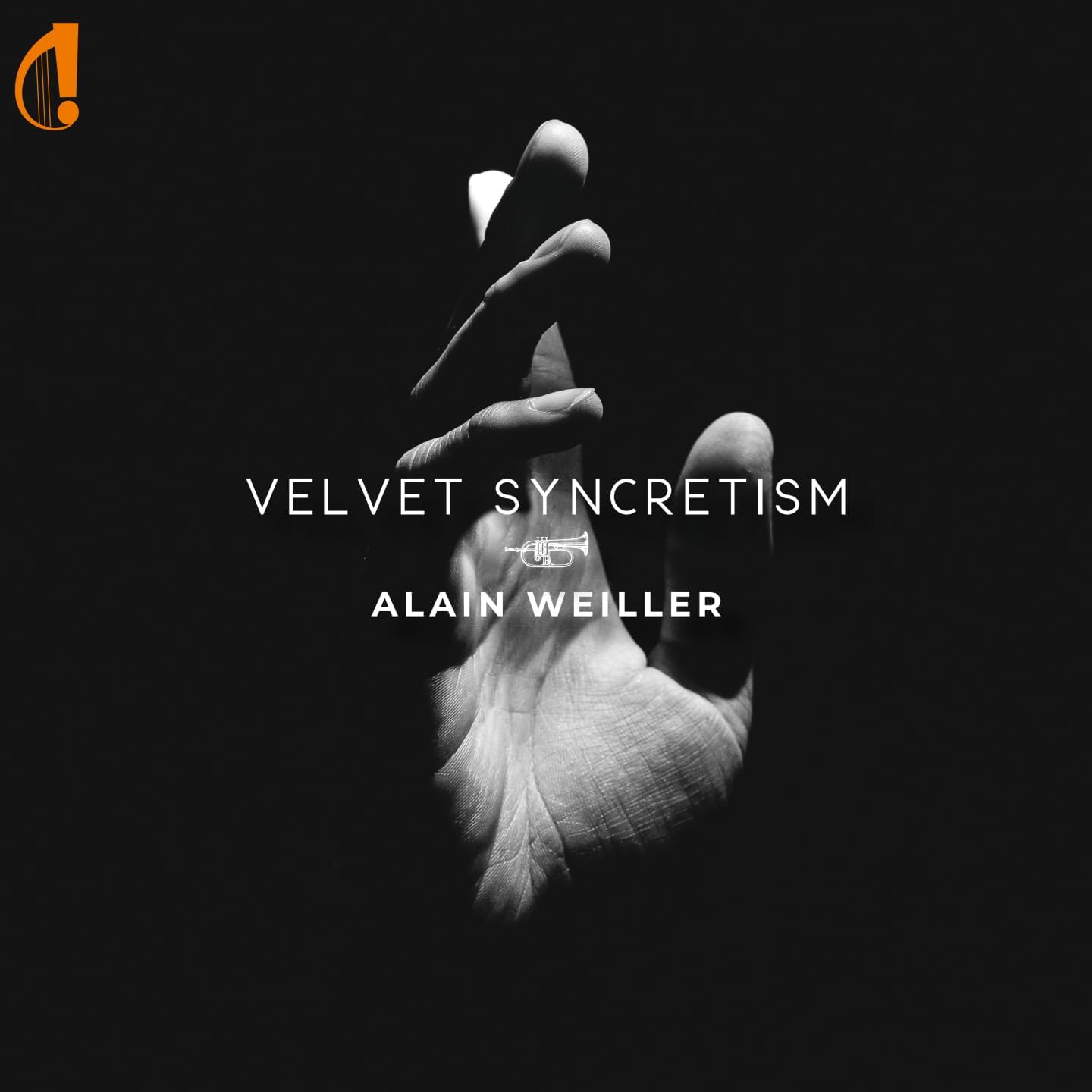 Black and white album cover featuring a hand holding a trumpet.