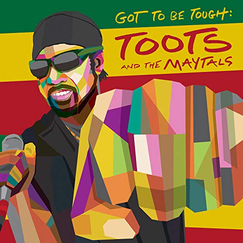 Pop art portrait of Toots Hibbert with colorful geometric background.