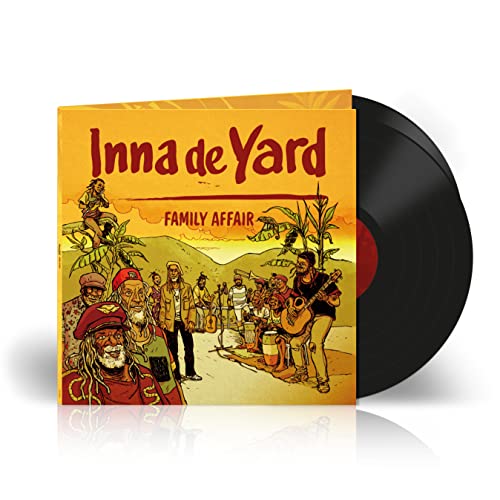 Vinyl record with illustrated cover depicting musicians in a Jamaican landscape.