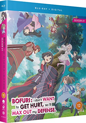 Anime characters in fantasy gear on a Blu-ray cover for Bofuri Season 1.