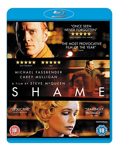 Shame" Blu-ray case featuring Michael Fassbender and Carey Mulligan portraits.