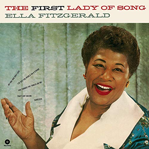 Ella Fitzgerald portrait album cover, smiling, with green textured background.