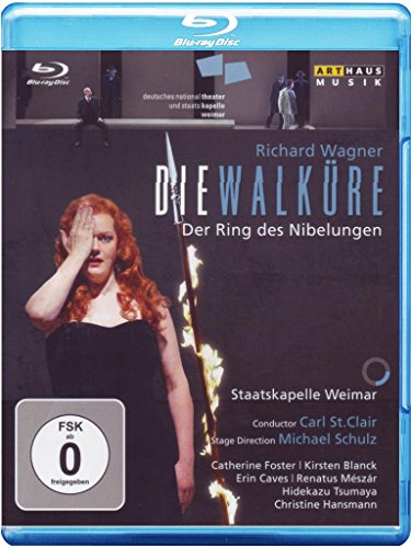 Blu-ray cover for Wagner’s “Die Walküre” opera, featuring a singer and flames.