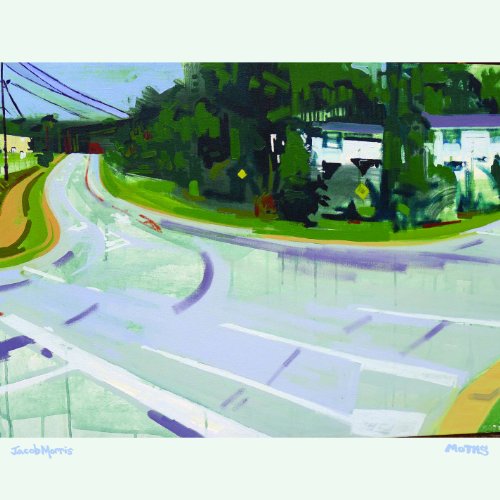 An impressionistic painting of a road curving past green trees and a white building.