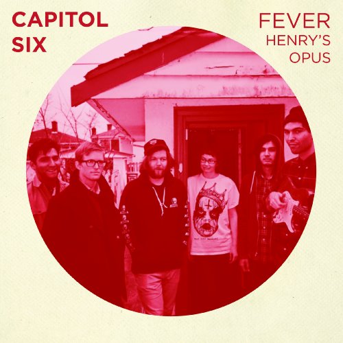 Red-tinted album cover featuring a band of five men posing outdoors.