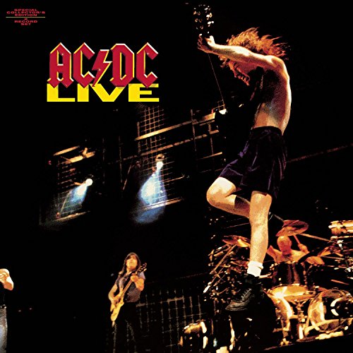 AC/DC “Live” album cover: singer jumping onstage with band members.