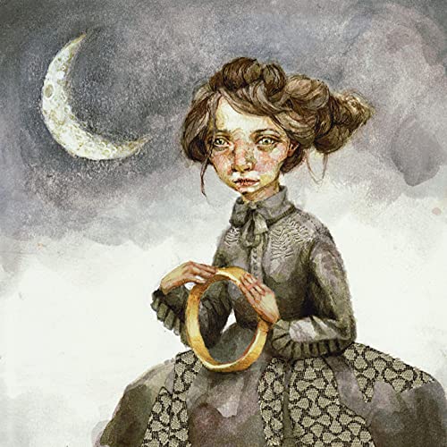 Watercolor painting of a young girl holding a golden ring, moon background.
