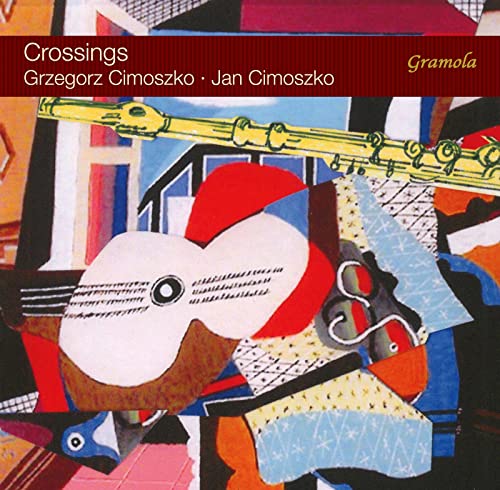 CD cover for "Crossings" featuring a flute, guitar, and abstract art.
