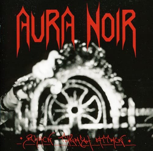 Aura Noir album cover: red text over a black and white, chaotic scene.