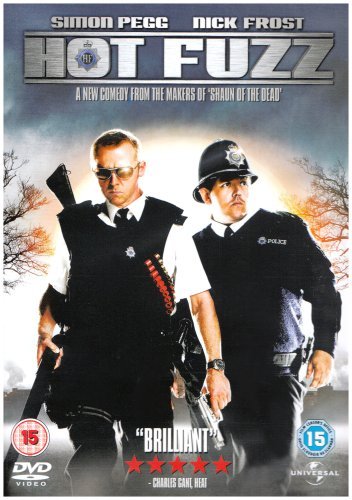 Hot Fuzz" DVD cover featuring Simon Pegg and Nick Frost as police officers.