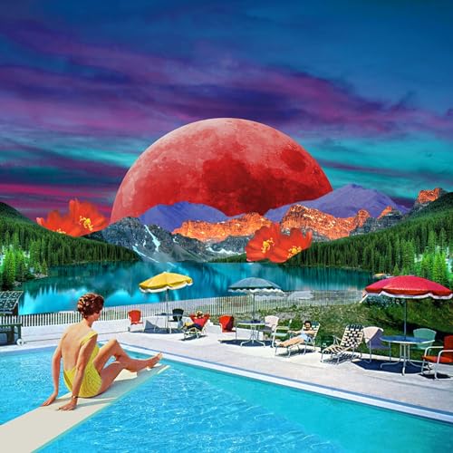 Surreal album cover featuring a woman by a pool and a large red moon.