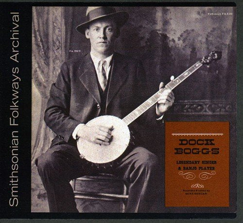 Black and white portrait of Dock Boggs with a banjo, CD cover.