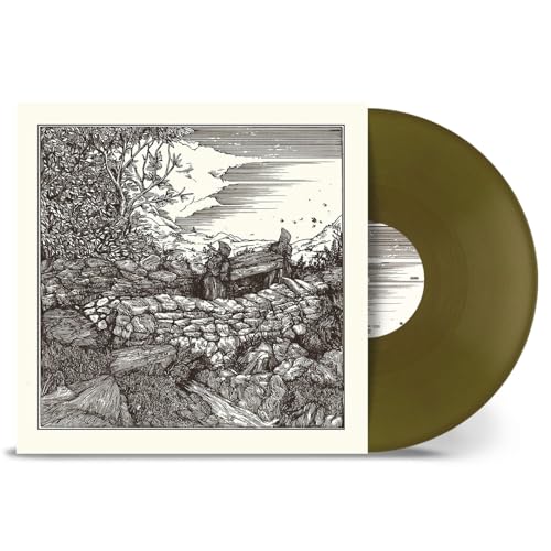 Vinyl record with an illustrated cover featuring hooded figures in a rocky landscape.