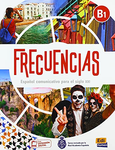 Spanish language textbook cover, “Frecuencias B1”, with travel imagery.