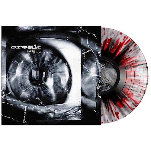 Vinyl record with cracked eye cover art and red-splatter disc.