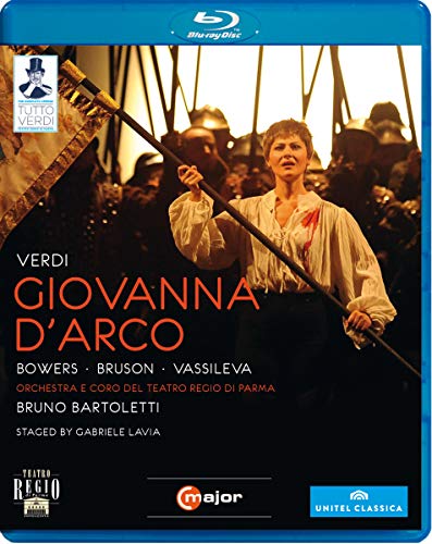 Blu-ray cover for Verdi’s “Giovanna d’Arco” opera, featuring a woman in historical attire.