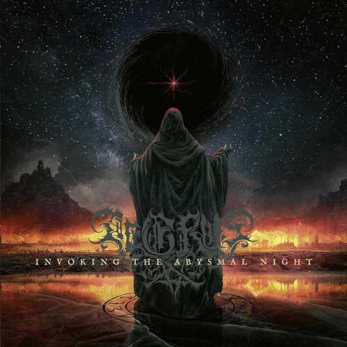 Dark album cover featuring a hooded figure before a fiery landscape.
