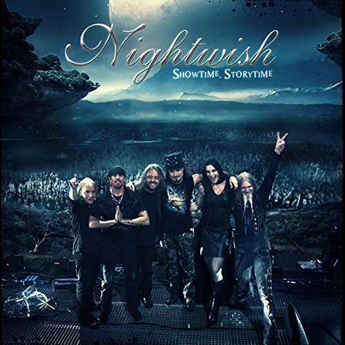 Nightwish band members on stage with a large crowd and fantasy landscape.