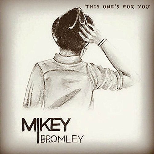 Black and white sketch of a person with hand to head, “Mikey Bromley” text.