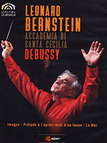 Leonard Bernstein conducting, red shirt, DVD cover for Debussy performance.