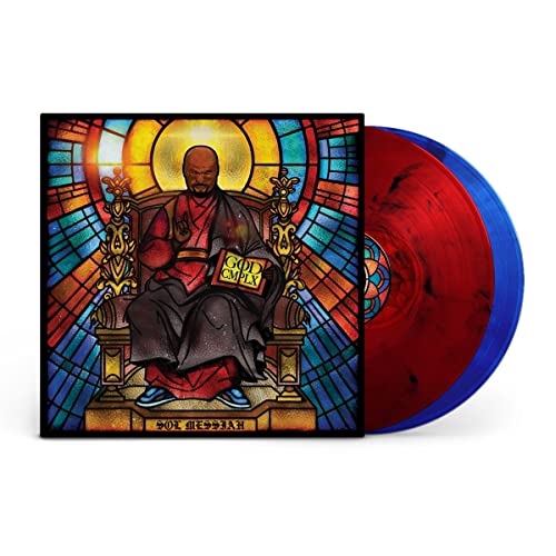 Vinyl record cover art featuring a man on a throne with red and blue discs.