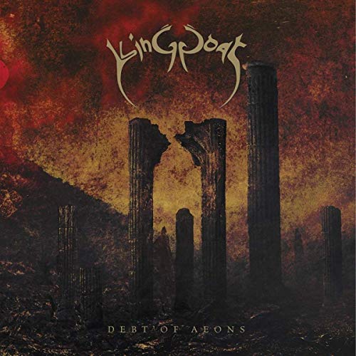 CD cover for King Goat’s “Debt Of Aeons” with ruined pillars and red sky.