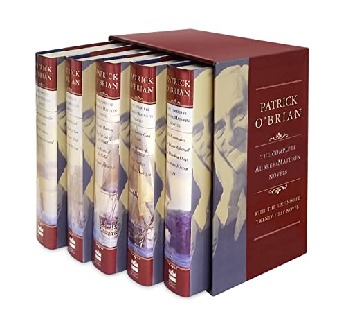 Six hardcover books in a red slipcase, author Patrick O’Brian.