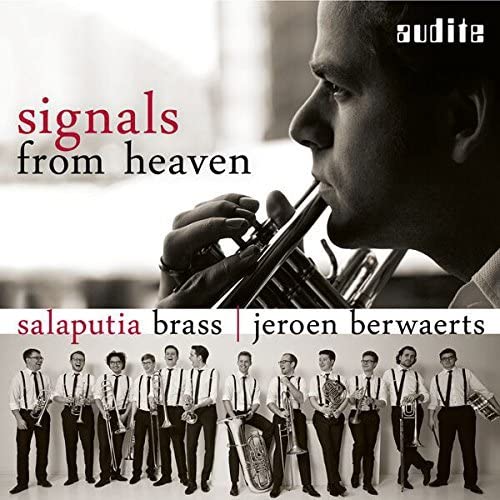 CD cover: brass player portrait with ensemble below, text “signals from heaven”.