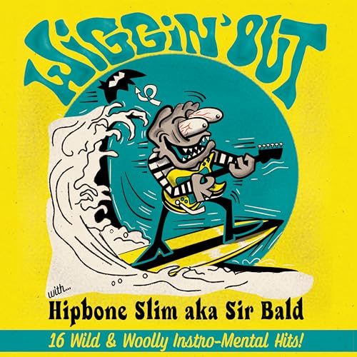 Cartoon mouse surfs a wave, playing guitar, album cover for Hipbone Slim.