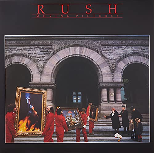 Rush “Moving Pictures” album cover: people carrying framed paintings before a building.